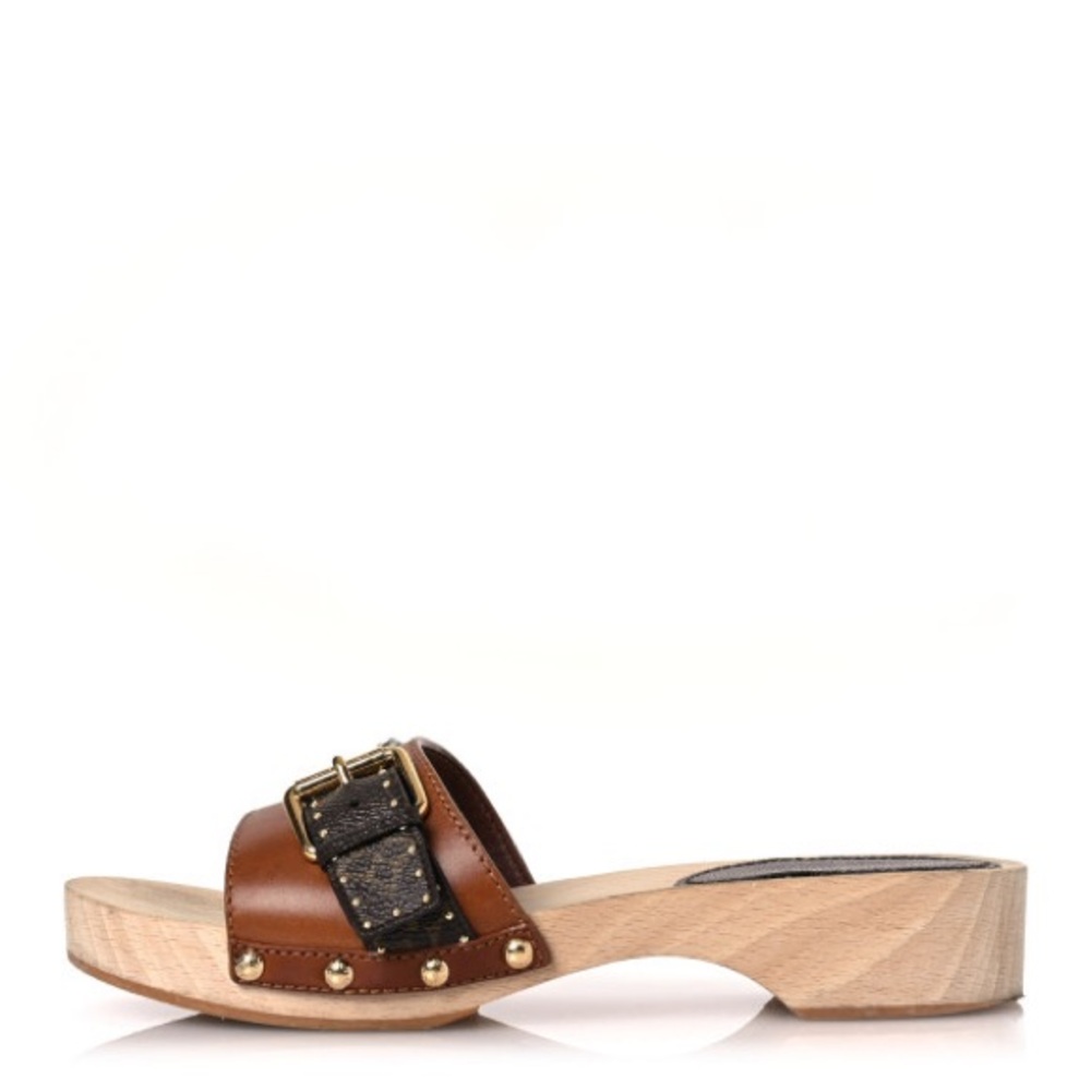 LOUIS VUITTON Brown Leather LV Monogram Cottage Mule Wood Clog Sandals 6.5 - Picture 8 of 17